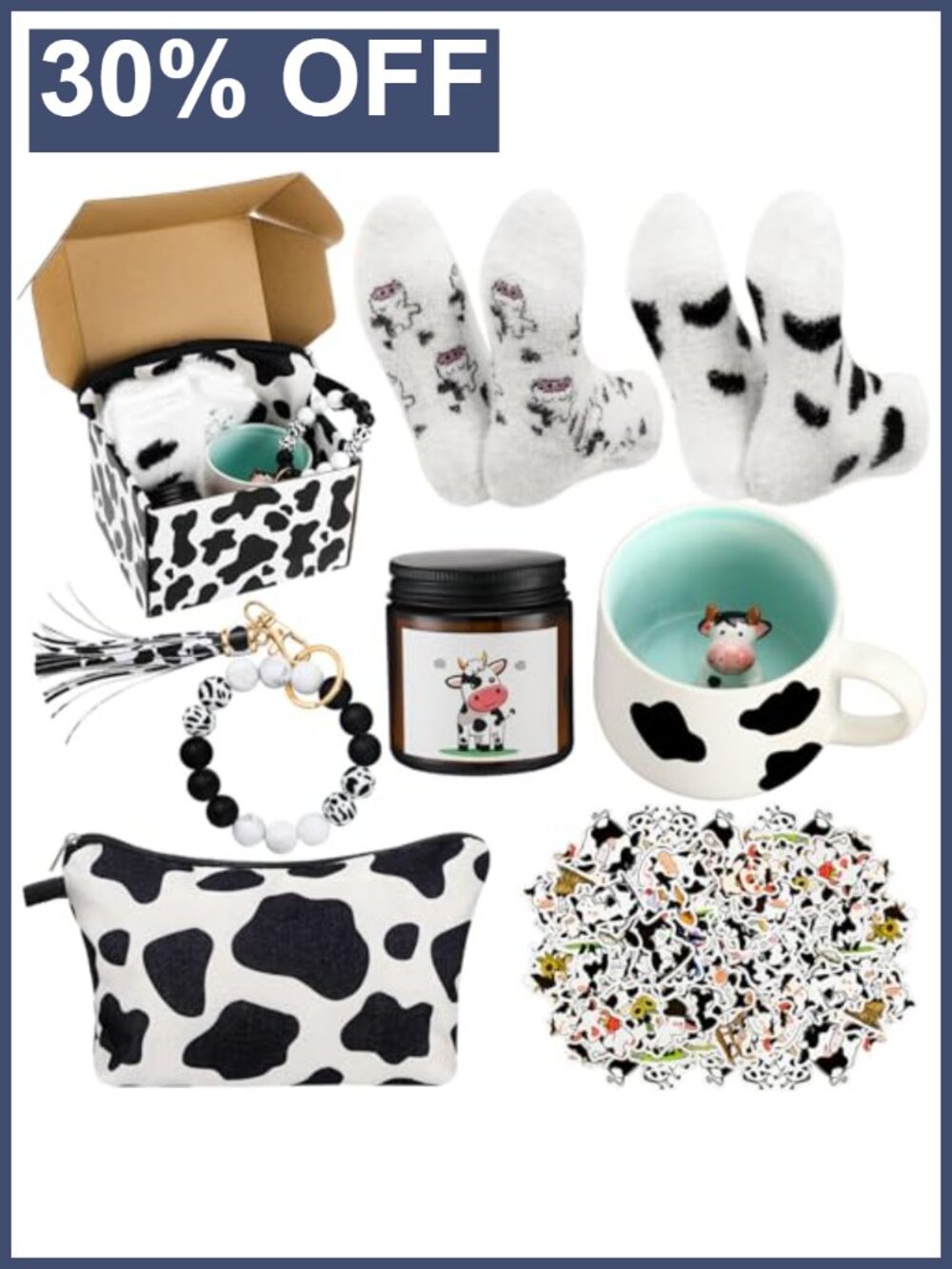 Cow Print Gift Set Makeup Bag Socks Mug Candle Keychain